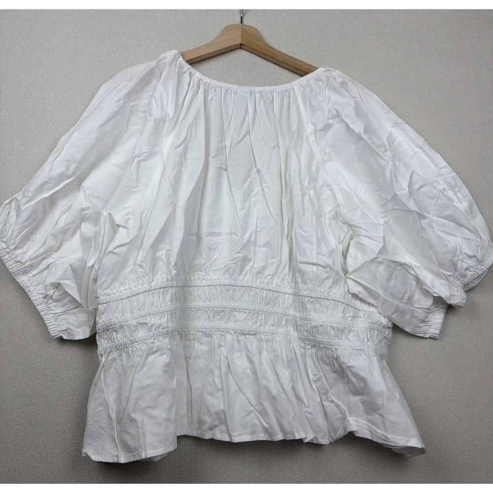 Old Navy Womens Smocked White Peplum Puff Sleeve V-Neck Blouse 3X Cotton Top NWT
